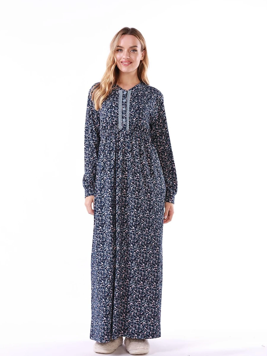 Ditsy Floral Print Contrast Lace Dress - Navy Blue - View 1