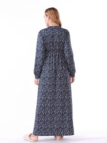 Ditsy Floral Print Contrast Lace Dress - Navy Blue - View 2