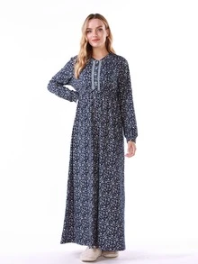 Ditsy Floral Print Contrast Lace Dress - Navy Blue - View 3