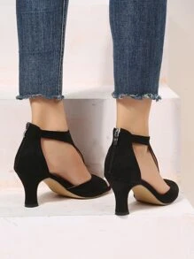 Zipper Back Peep Toe Heeled Faux Suede Ankle Strap Sandals - Black - View 7