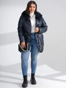 MIEGOFCE Plus Zip Up Hooded Padded Coat - Navy Blue - View 3