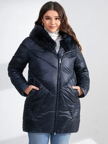 MIEGOFCE Plus Zip Up Hooded Padded Coat - Navy Blue - View 5