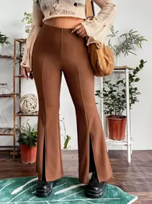 Flirla Plus High Waist Split Hem Flare Leg Trousers - Rust Brown - View 1