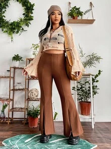 Flirla Plus High Waist Split Hem Flare Leg Trousers - Rust Brown - View 5