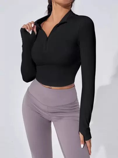 Easithlete Snabbtorkande Absorberar svett Halv dragkedja Crop Sportströja med tumhål Beskuren hoodie hösttröja