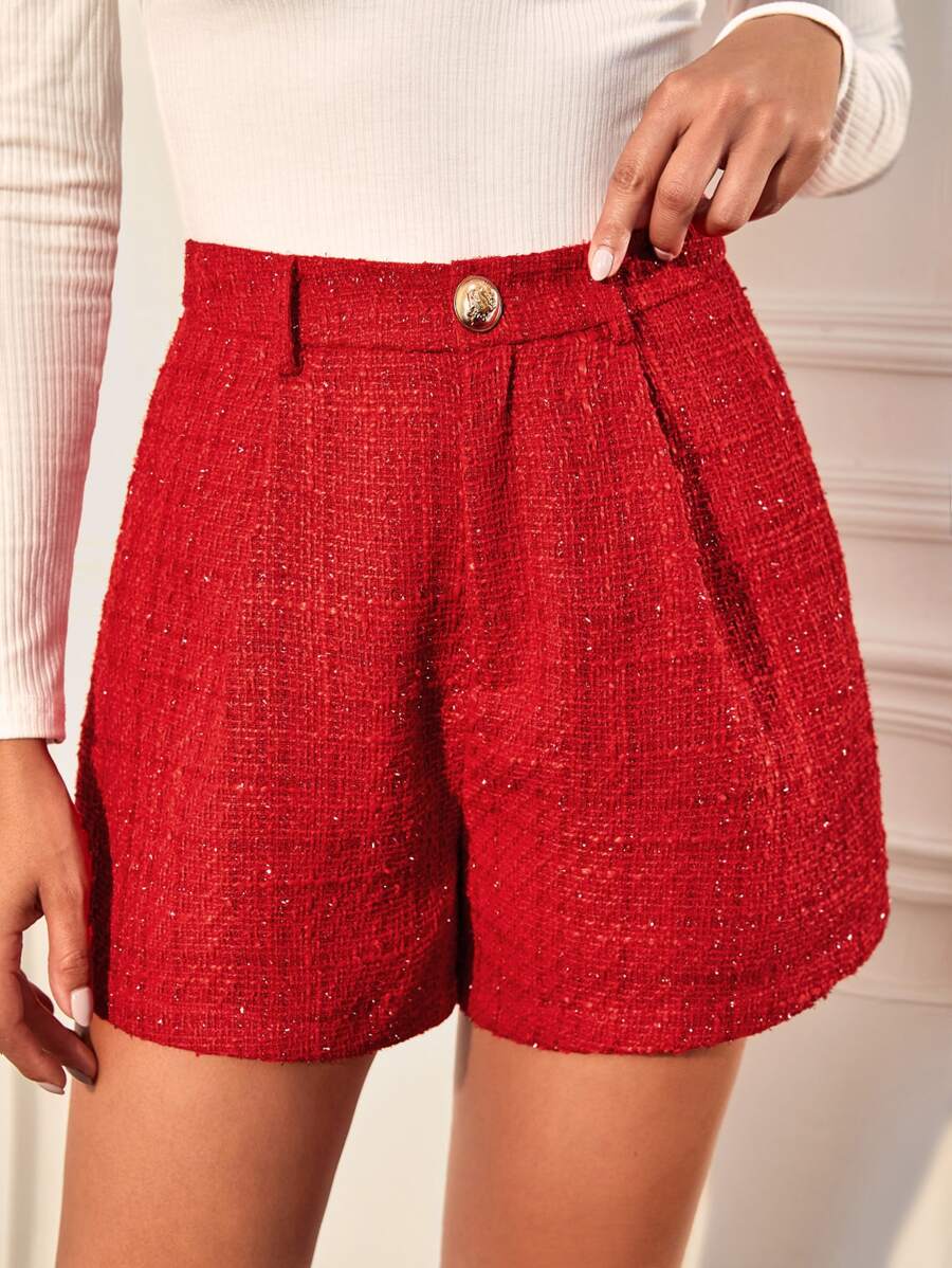 SHEIN Clasi High Waist Tweed Shorts - Red - View 1