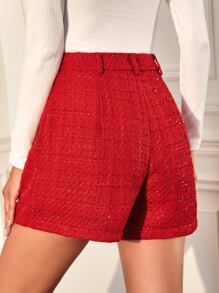 SHEIN Clasi High Waist Tweed Shorts - Red - View 2