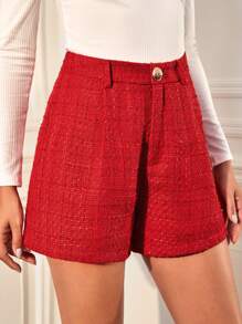 SHEIN Clasi High Waist Tweed Shorts - Red - View 6