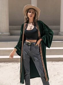 Rusttydustty Contrast Tape Batwing Sleeve Velvet Coat - Dark Green - View 1