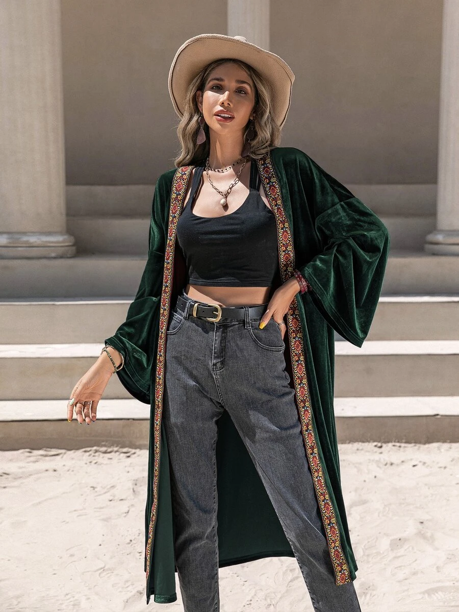 Rusttydustty Contrast Tape Batwing Sleeve Velvet Coat - Dark Green - View 1