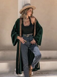 Rusttydustty Contrast Tape Batwing Sleeve Velvet Coat - Dark Green - View 5