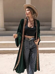 Rusttydustty Contrast Tape Batwing Sleeve Velvet Coat - Dark Green - View 6