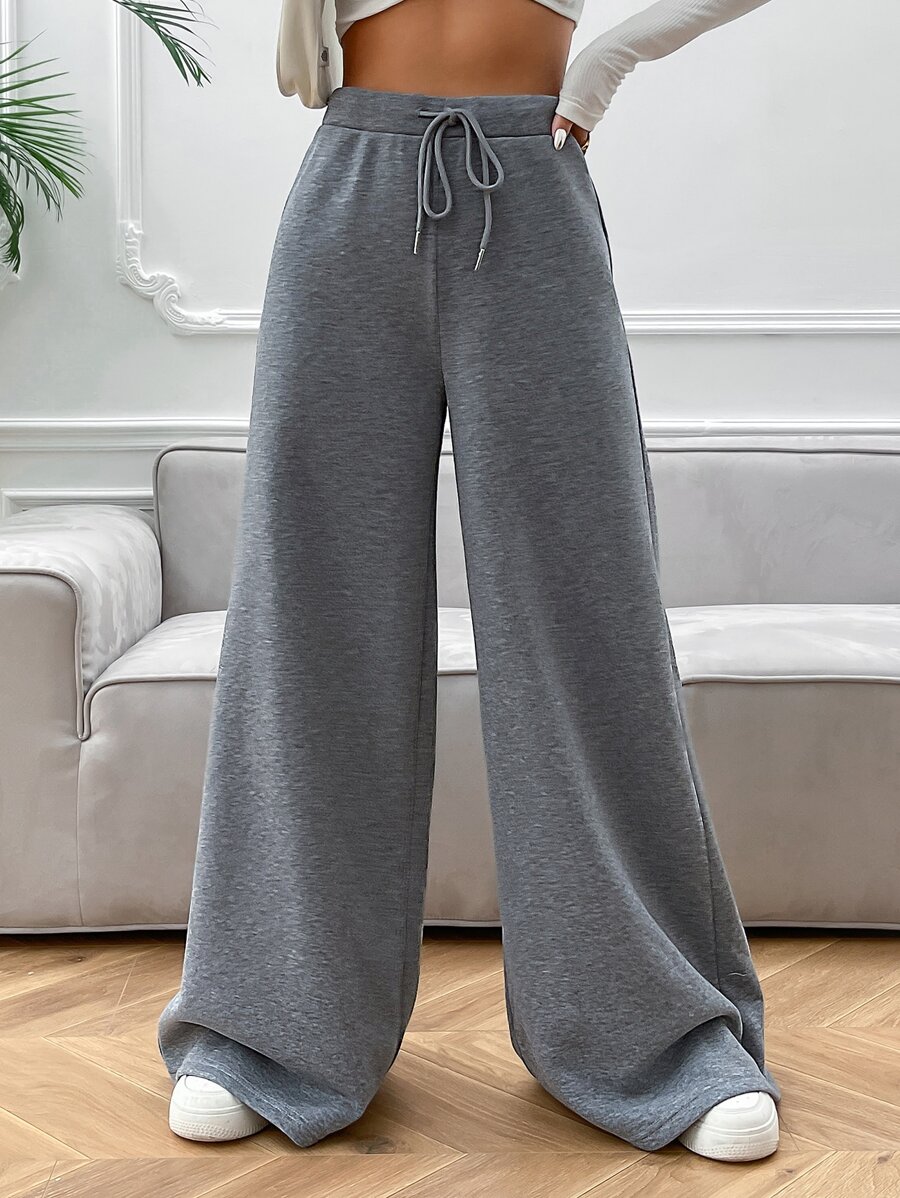 SHEIN EZwear Drawstring Waist Wide Leg Joggers - Light Grey - View 1