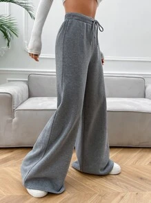 SHEIN EZwear Drawstring Waist Wide Leg Joggers - Light Grey - View 4