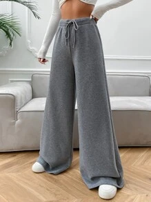 SHEIN EZwear Drawstring Waist Wide Leg Joggers - Light Grey - View 5