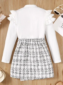 Tween Girl Ruffle Trim Mock Neck Tee & Plaid Button Detail Wrap Skirt - White - View 2
