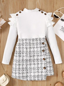 Tween Girl Ruffle Trim Mock Neck Tee & Plaid Button Detail Wrap Skirt - White - View 3