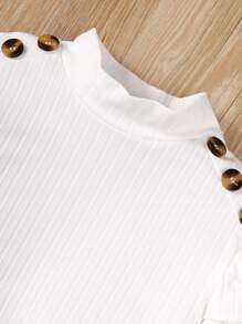 Tween Girl Ruffle Trim Mock Neck Tee & Plaid Button Detail Wrap Skirt - White - View 5