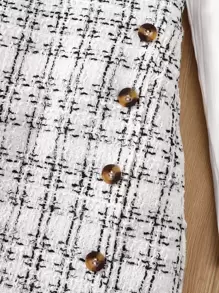 Tween Girl Ruffle Trim Mock Neck Tee & Plaid Button Detail Wrap Skirt - White - View 6