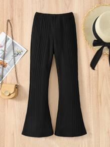 Pantalones Acampanados De Tejido De Punto Acanalado Para Niña En Edad Intermedia - Negro - Ver 1