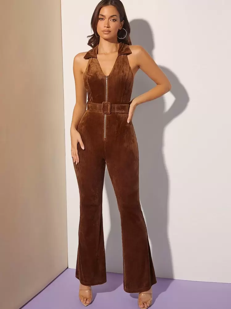 SHEIN Haute Belted Flare Leg Zip Front Elegant Corduroy Jumpsuit