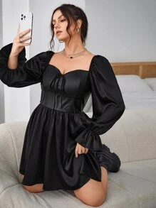 SHEIN Privé Vestido escote corazón de manga con volante - Negro - Ver 1