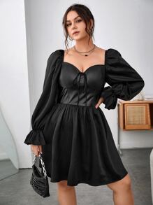 SHEIN Privé Vestido escote corazón de manga con volante - Negro - Ver 3