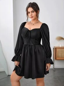 SHEIN Privé Vestido escote corazón de manga con volante - Negro - Ver 4