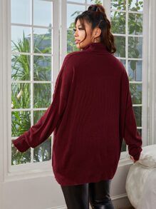 SHEIN Essnce Plus Turtleneck Drop Shoulder Button Front Jumper - Maroon - View 2