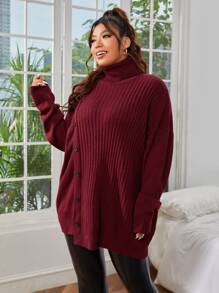 SHEIN Essnce Plus Turtleneck Drop Shoulder Button Front Jumper - Maroon - View 3