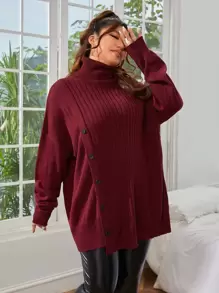 SHEIN Essnce Plus Turtleneck Drop Shoulder Button Front Jumper - Maroon - View 4