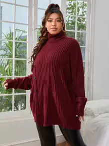 SHEIN Essnce Plus Turtleneck Drop Shoulder Button Front Jumper - Maroon - View 6
