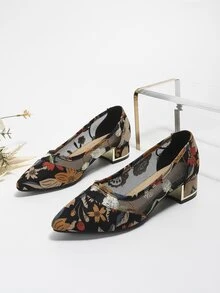 Floral Pattern Point Toe Chunky Heeled Faux Suede Court Pumps - Multicolor - View 2