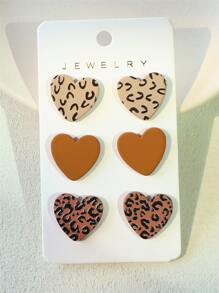 3 đôi bông tai thiết kế hình trái tim họa tiết da báo - Nhiều màu - Xem 1
