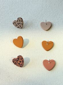 3 đôi bông tai thiết kế hình trái tim họa tiết da báo - Nhiều màu - Xem 2