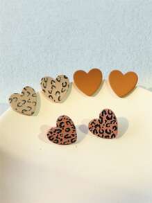 3 đôi bông tai thiết kế hình trái tim họa tiết da báo - Nhiều màu - Xem 3