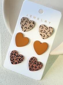 3 đôi bông tai thiết kế hình trái tim họa tiết da báo - Nhiều màu - Xem 5