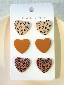 3 đôi bông tai thiết kế hình trái tim họa tiết da báo - Nhiều màu - Xem 6