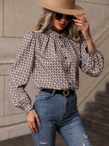 SHEIN LUNE Áo sơ mi nữ Nút phía trước Hình học Tất cả trên in Giải trí - Nhiều màu - Xem 3