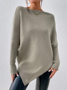 SHEIN Essnce Jersey de manga murciélago bajo asimétrico - Caqui - Ver 1