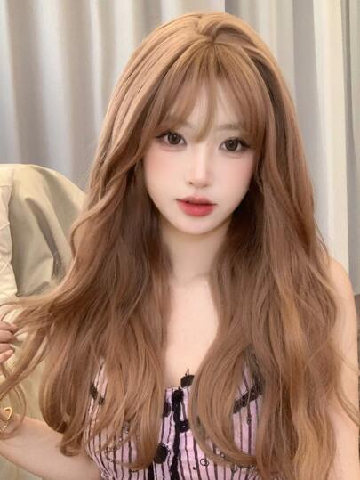 1pc Brown Curly Long Wig With Bangs And Heat-resistant Synthetic Fiber, 24 Inches, Natural And Realistic, Perfect For Daily Wear