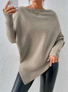 SHEIN Essnce Jersey de manga murciélago bajo asimétrico - Caqui - Ver 4