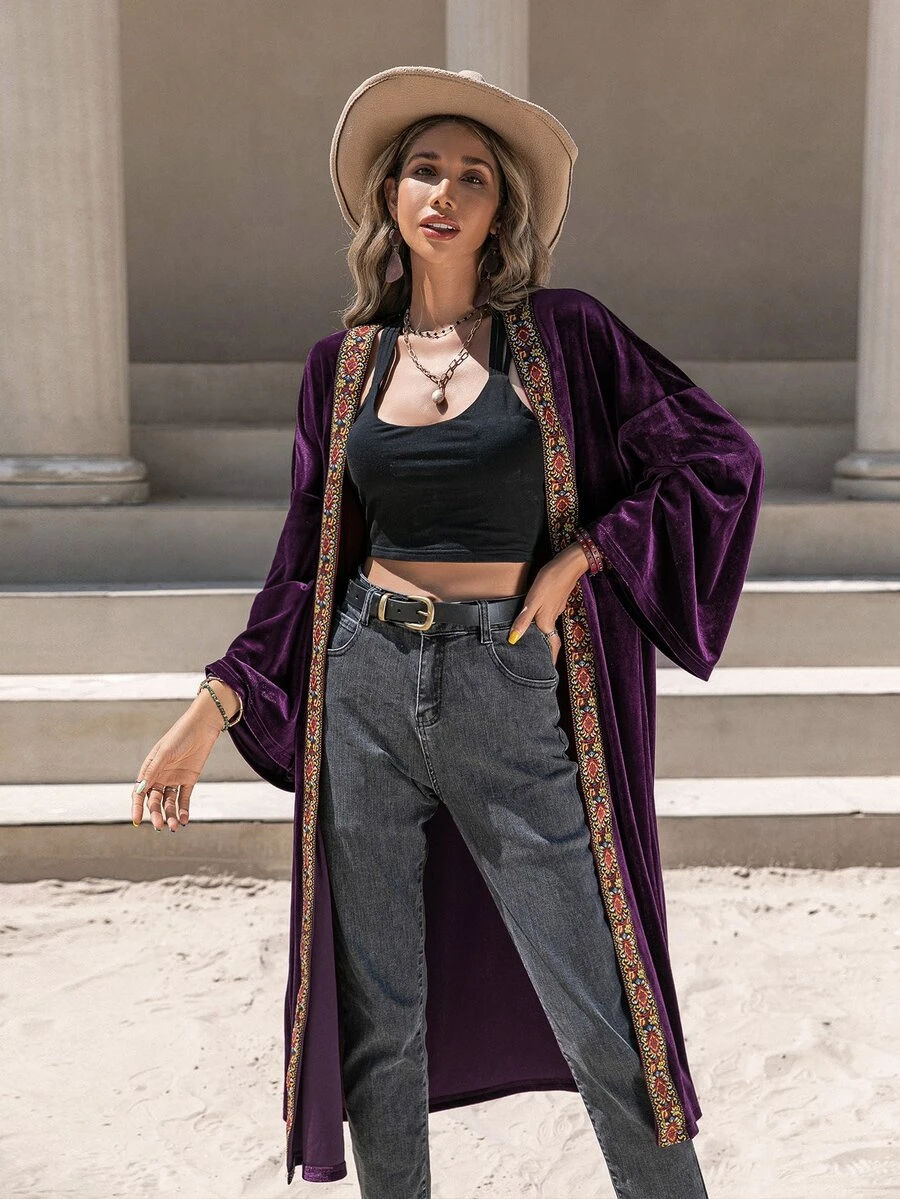 Rusttydustty Contrast Tape Batwing Sleeve Velvet Coat - Purple - View 1