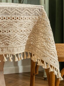 1入組流蘇裝飾鏤空桌布 - 卡其色 - 查看 2