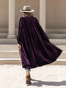Rusttydustty Contrast Tape Batwing Sleeve Velvet Coat - Purple - View 2