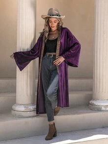 Rusttydustty Contrast Tape Batwing Sleeve Velvet Coat - Purple - View 3