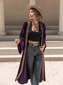 Rusttydustty Contrast Tape Batwing Sleeve Velvet Coat - Purple - View 4