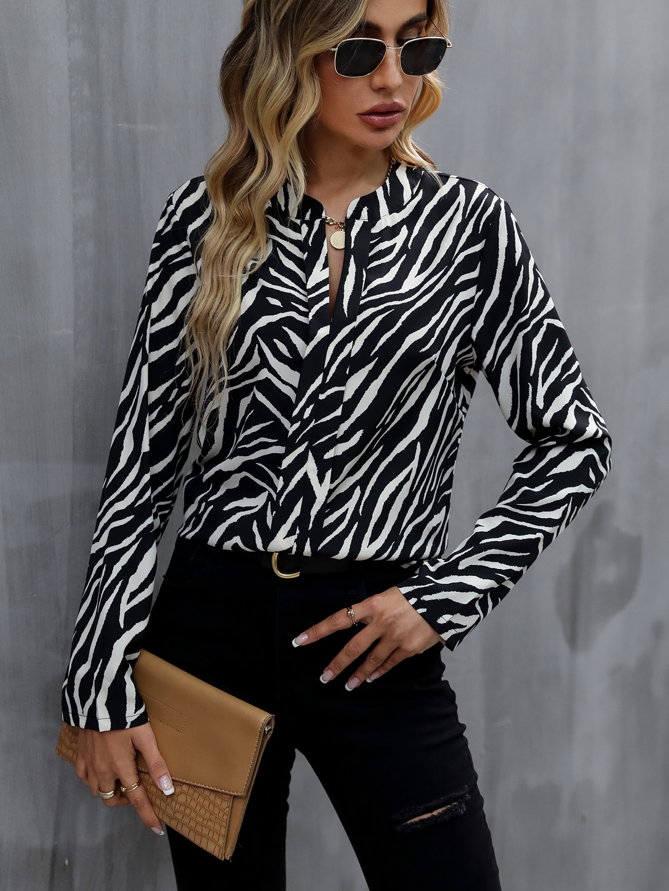 Zebra Striped Notched Neck Blouse SHEIN USA