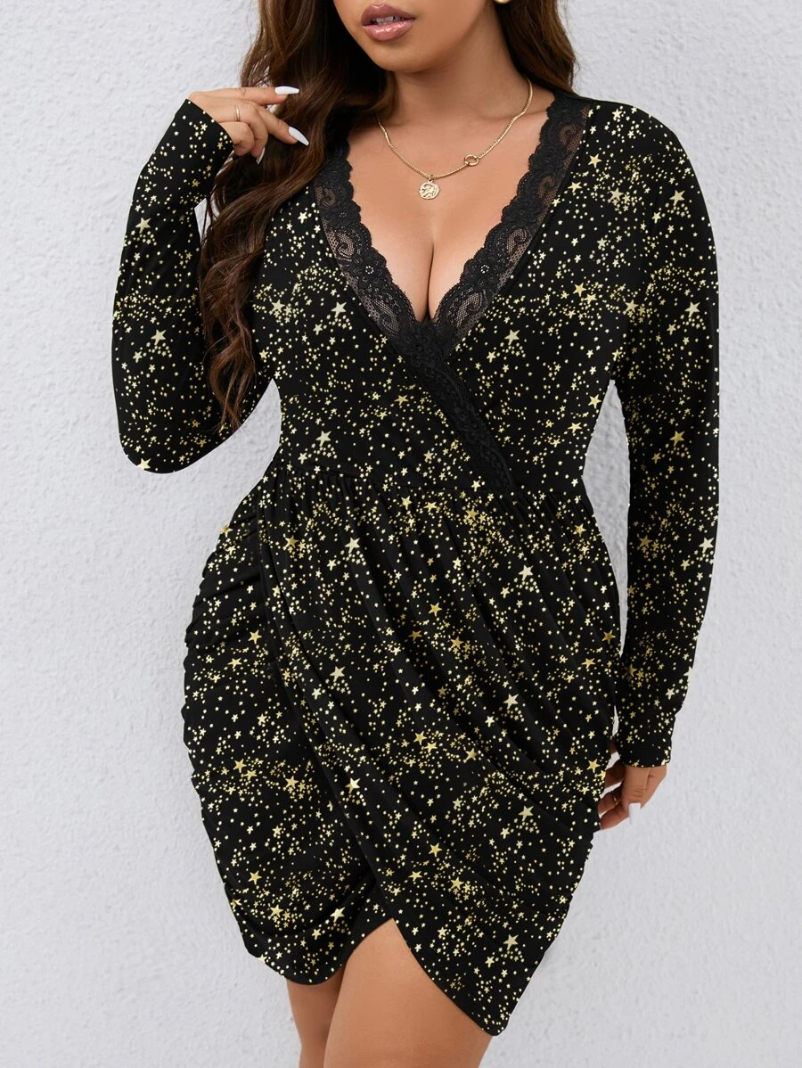 SHEIN Clasi Vestido bajo cruzado con estampado de galaxia ribete con encaje - Negro - Ver 1