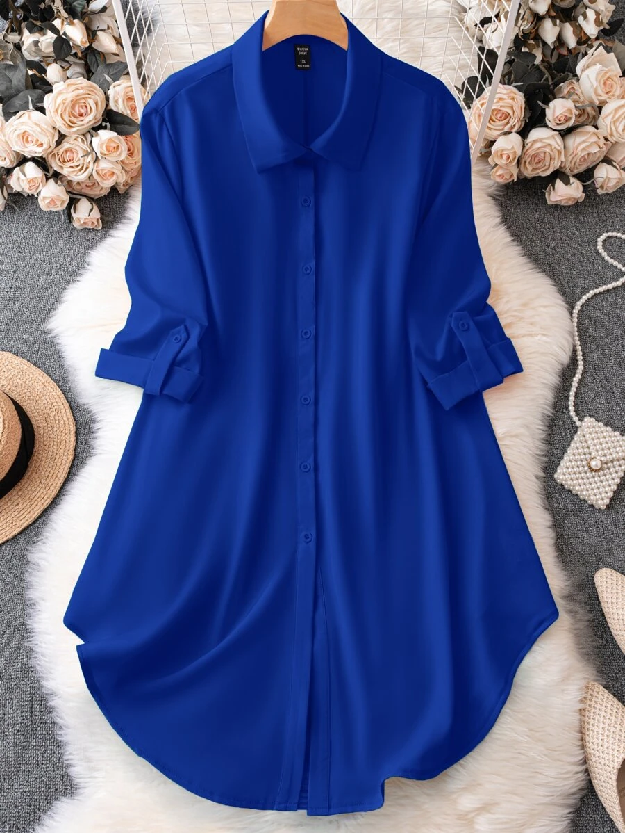 Rometta Plus Roll Tab Sleeve Shirt Dress Fall Cloth For Women - Royal Blue - View 1